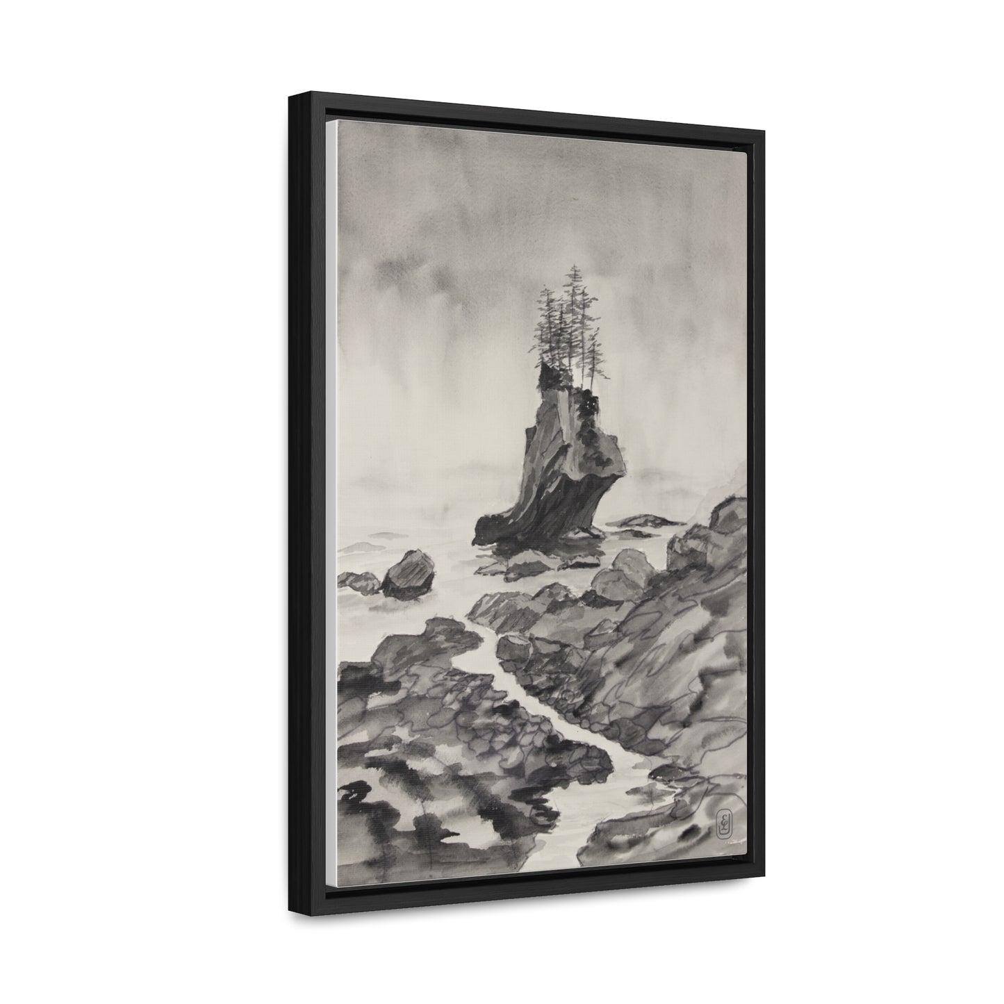 Canvas Wrap, Black and White Rocky Beach Watercolor, Vertical Frame Art Print for a Fun Gift, Wall Decor, Home Decoration, All Ocasions.