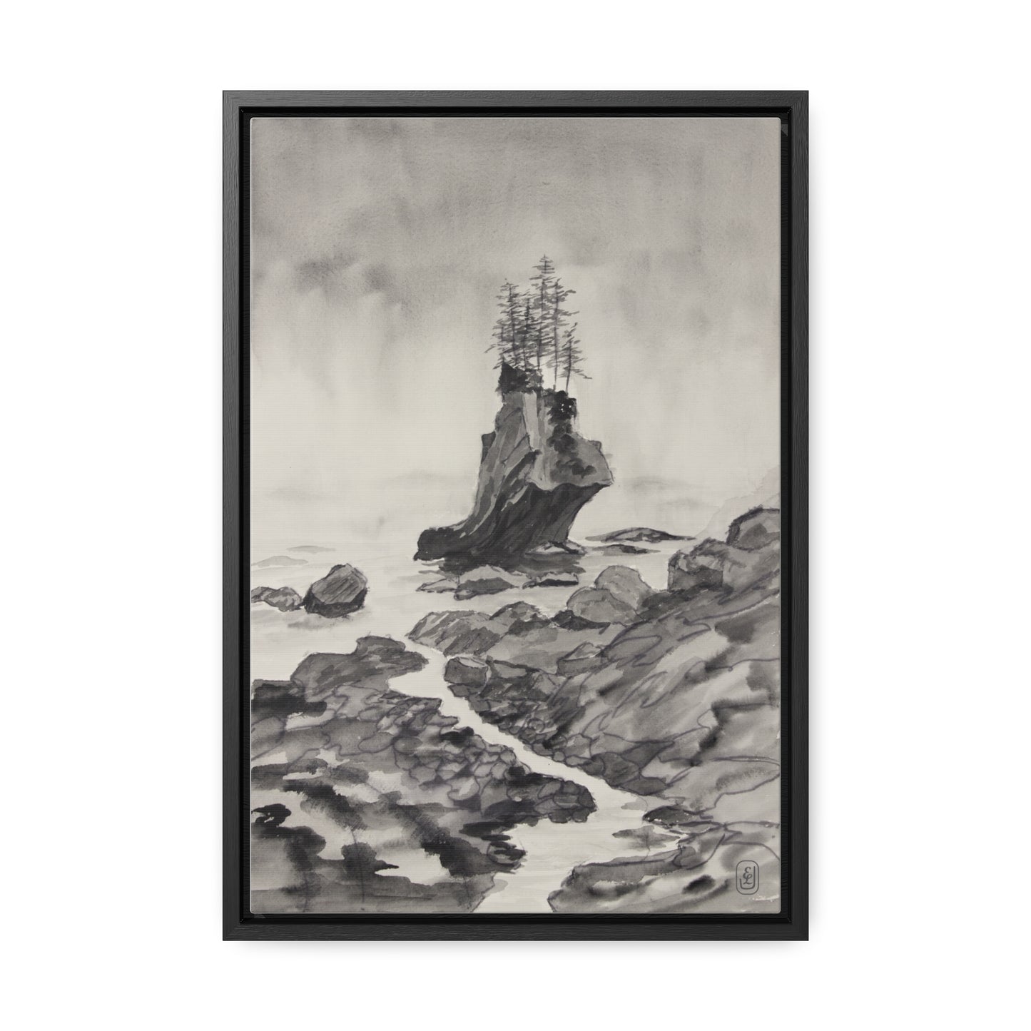 Canvas Wrap, Black and White Rocky Beach Watercolor, Vertical Frame Art Print for a Fun Gift, Wall Decor, Home Decoration, All Ocasions.
