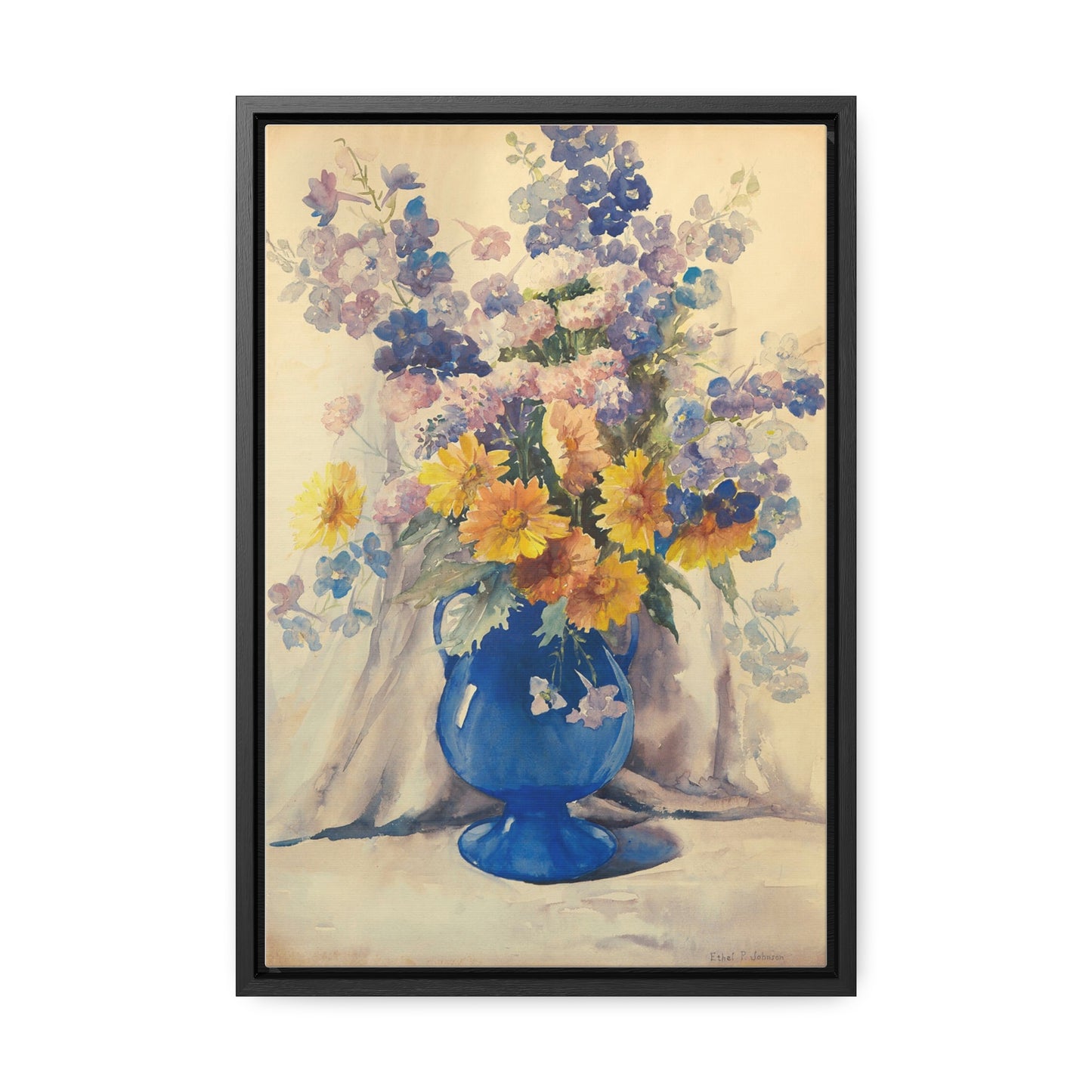 Canvas Wrap, Blue and Yellow Summer Bouquet Watercolor, Vertical Frame Art Print for a Fun Gift, Wall Decor, Home Decoration, All Ocasions