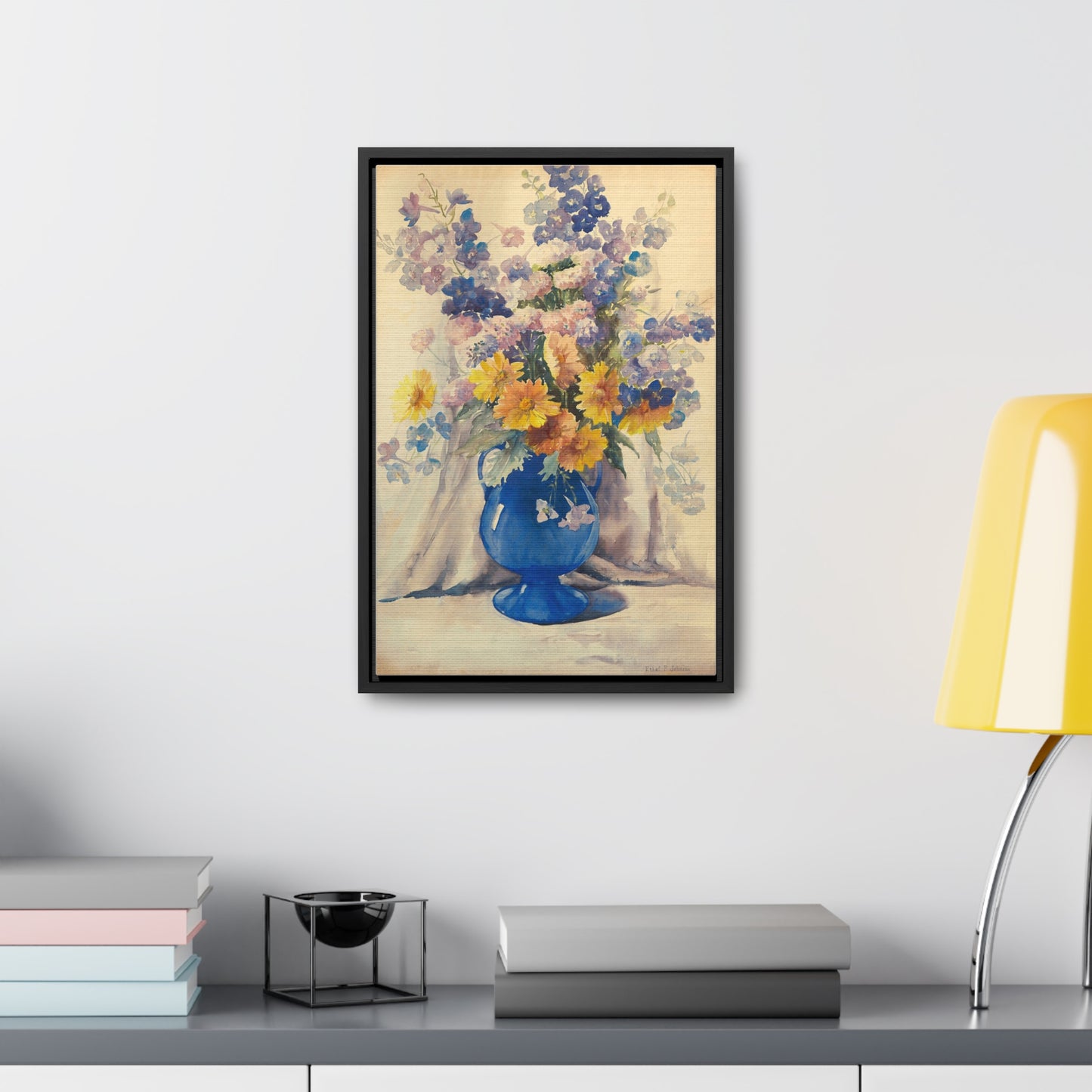 Canvas Wrap, Blue and Yellow Summer Bouquet Watercolor, Vertical Frame Art Print for a Fun Gift, Wall Decor, Home Decoration, All Ocasions