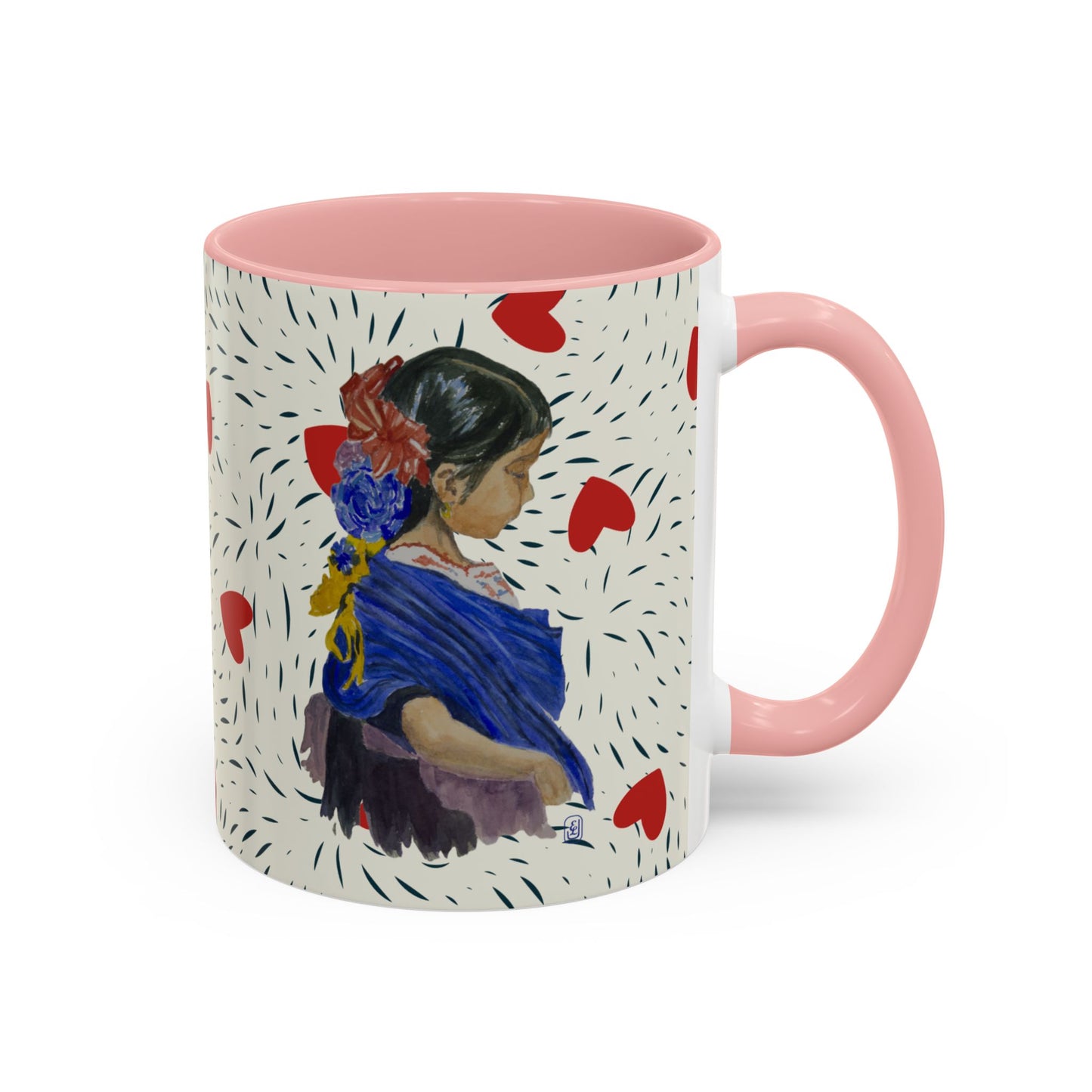 Coffee Mug, Watercolor Girl with Red Bow, Valentine Cup, Mothers day, gift, Accent Mug, 11oz, 15oz, Ceramic Mug, Tea Cup