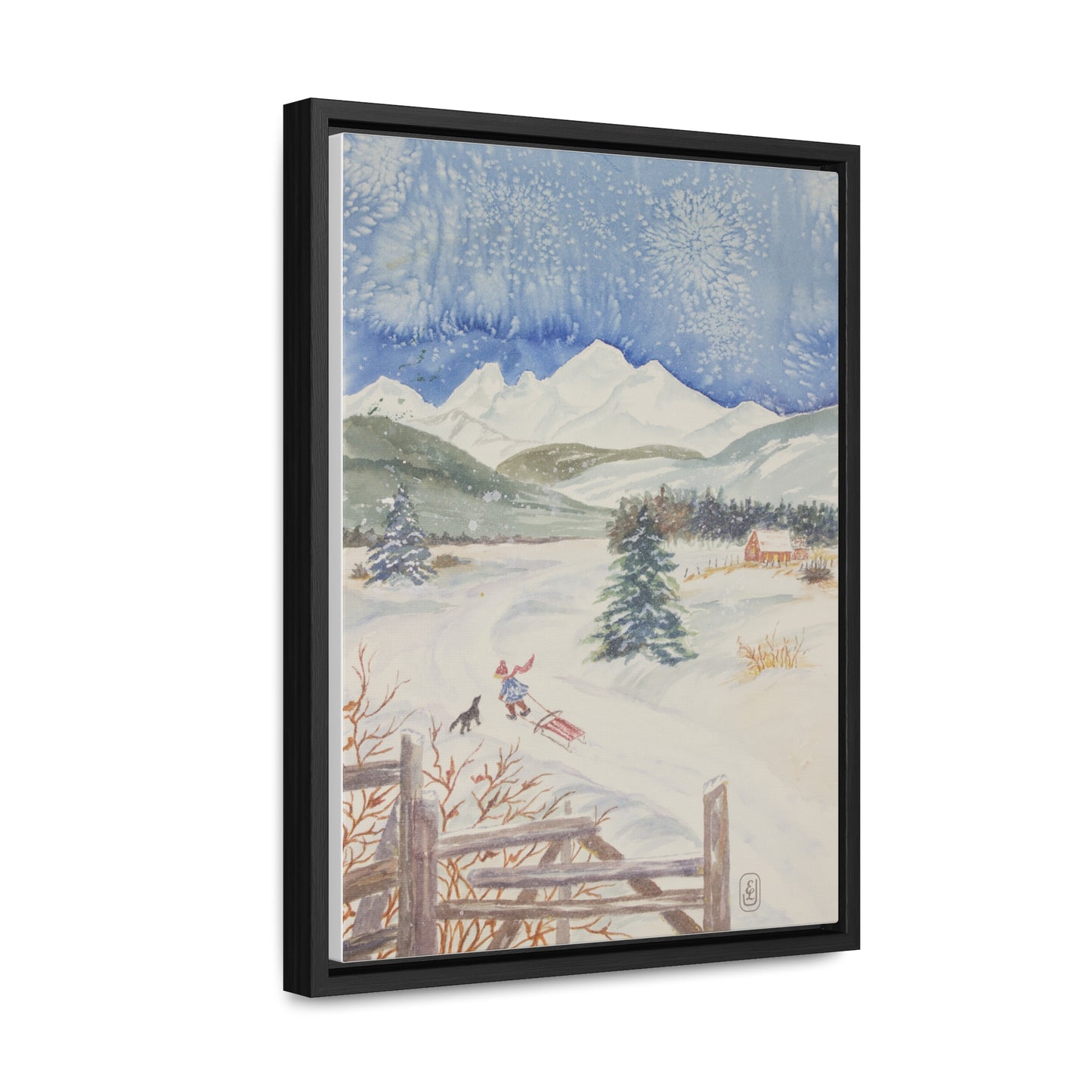 Canvas Wraps, Snowy Day Watercolor Vertical Frame Art Print for Winter Fun Gift, Child Sledding Wall Decor, Home Decoration, Christmas