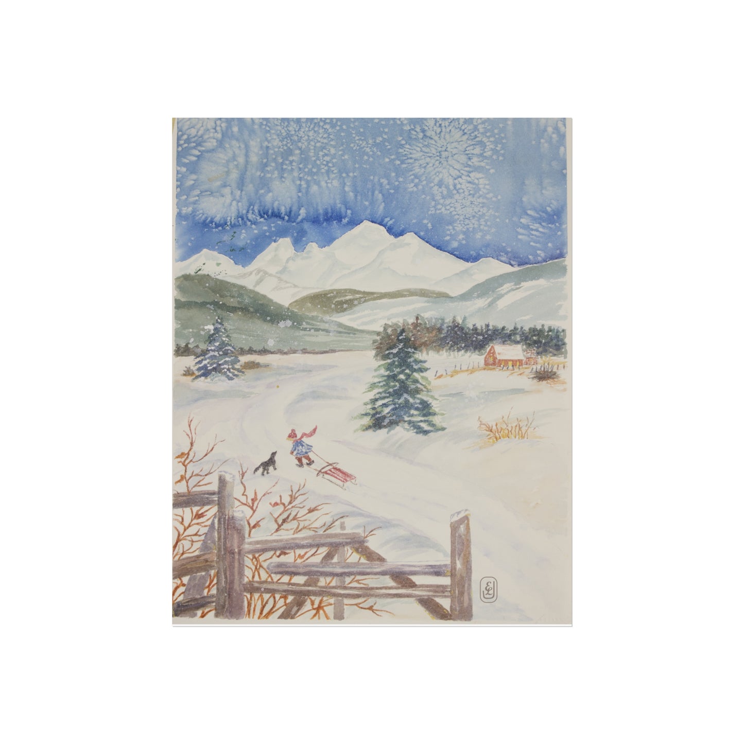 Poster Watercolor Painting Snowy Day Child Sledding