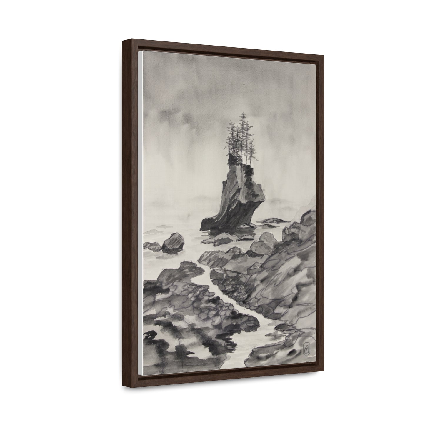 Canvas Wrap, Black and White Rocky Beach Watercolor, Vertical Frame Art Print for a Fun Gift, Wall Decor, Home Decoration, All Ocasions.