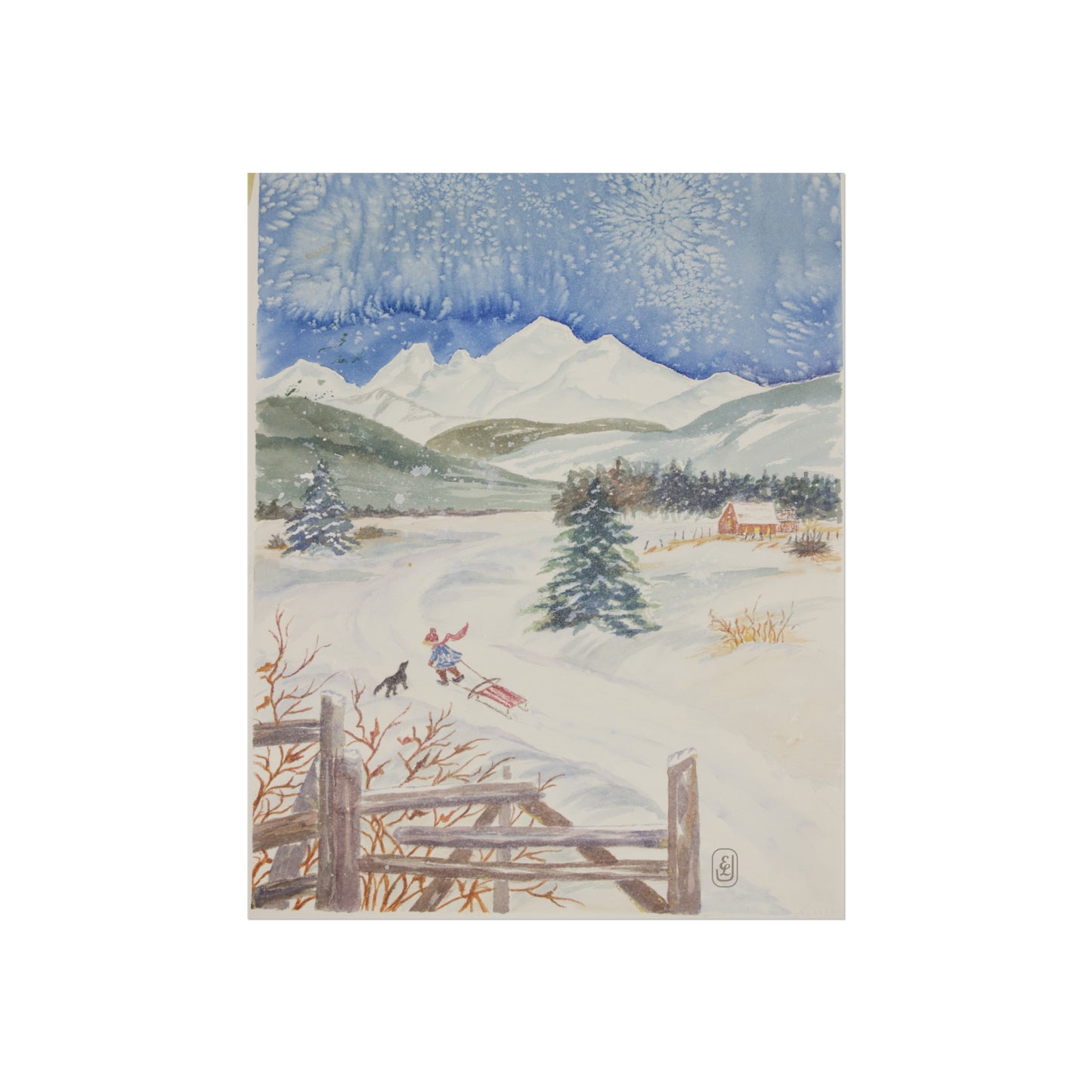 Poster Watercolor Painting Snowy Day Child Sledding