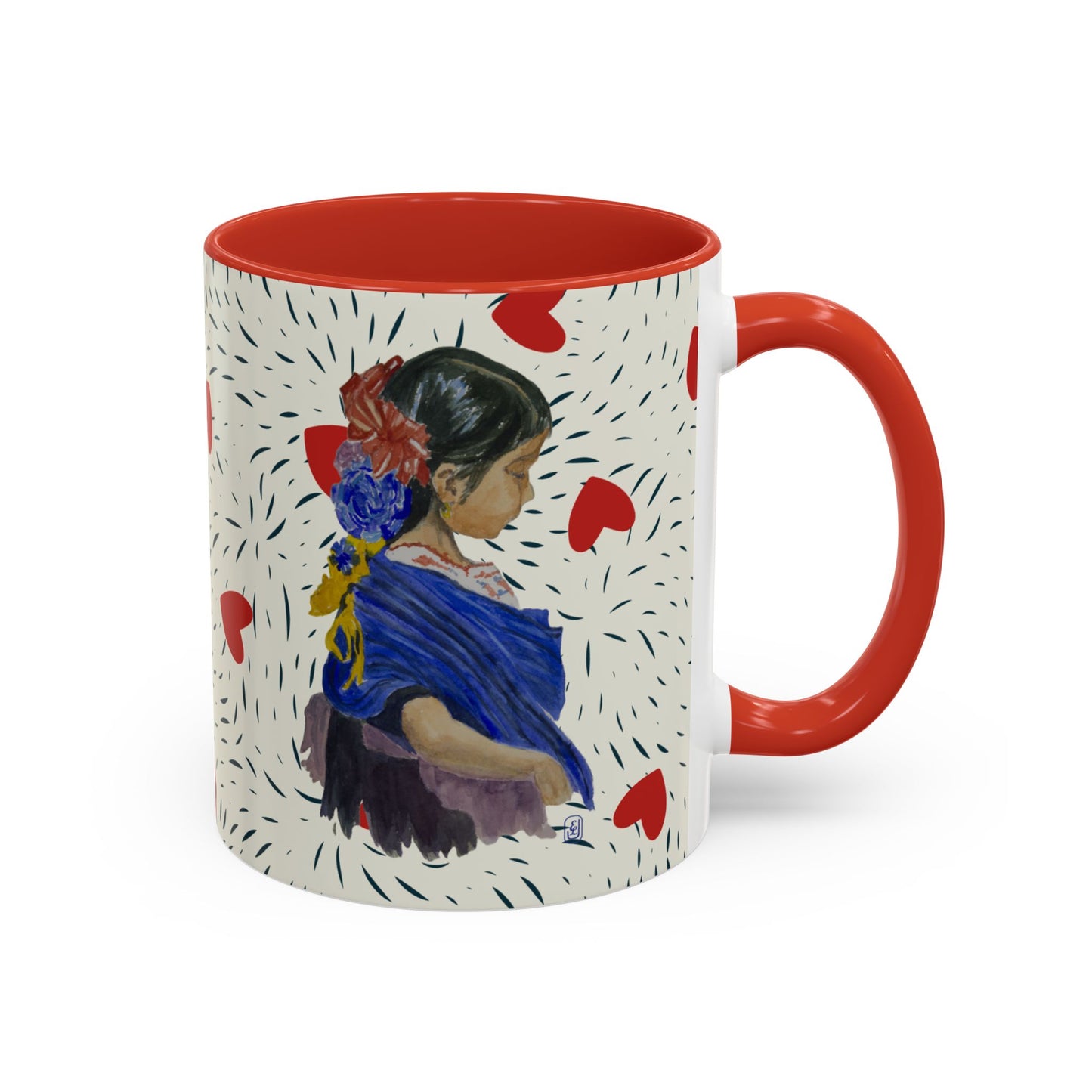 Coffee Mug, Watercolor Girl with Red Bow, Valentine Cup, Mothers day, gift, Accent Mug, 11oz, 15oz, Ceramic Mug, Tea Cup