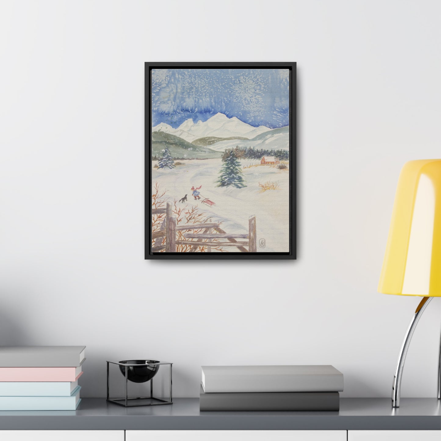 Canvas Wraps, Snowy Day Watercolor Vertical Frame Art Print for Winter Fun Gift, Child Sledding Wall Decor, Home Decoration, Christmas