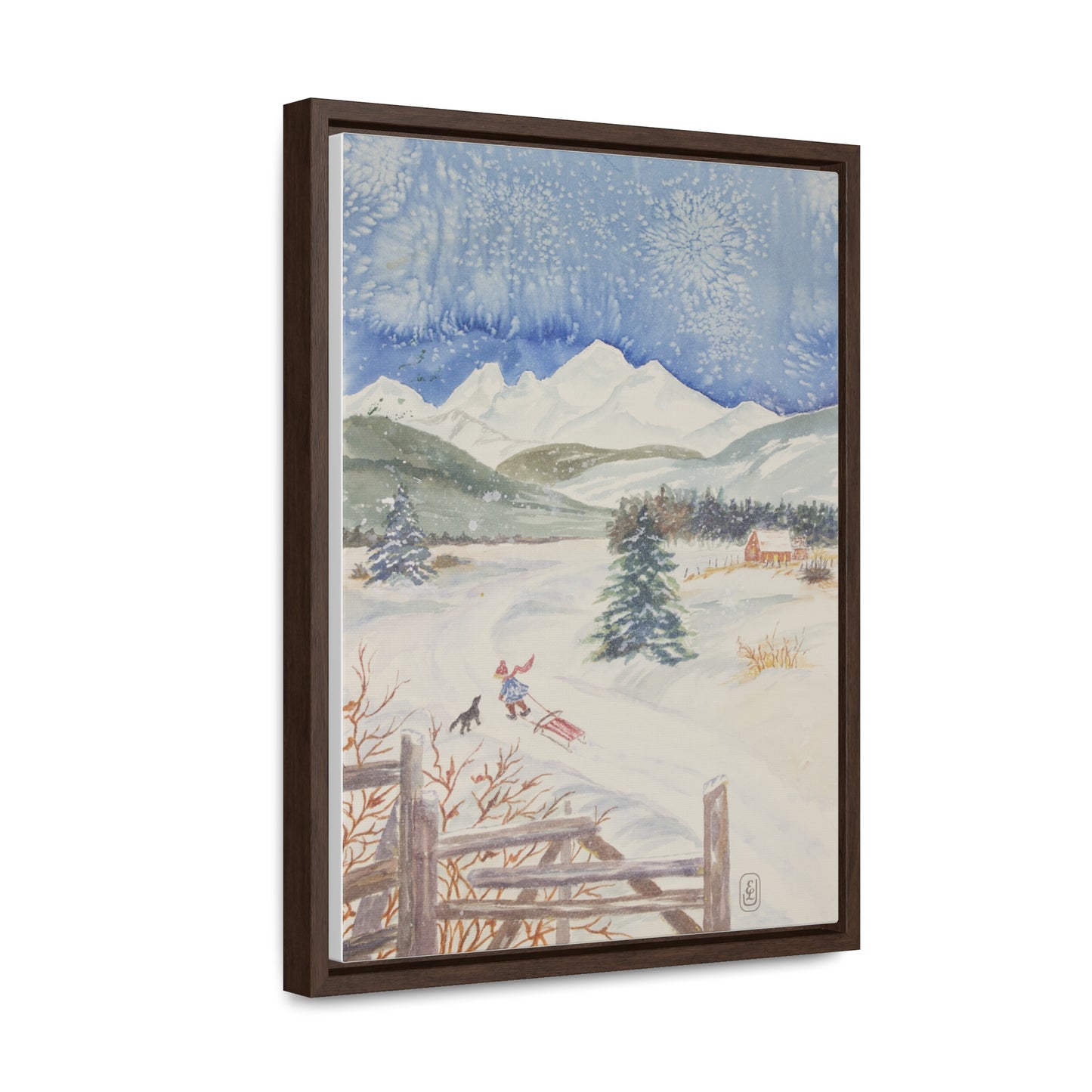 Canvas Wraps, Snowy Day Watercolor Vertical Frame Art Print for Winter Fun Gift, Child Sledding Wall Decor, Home Decoration, Christmas
