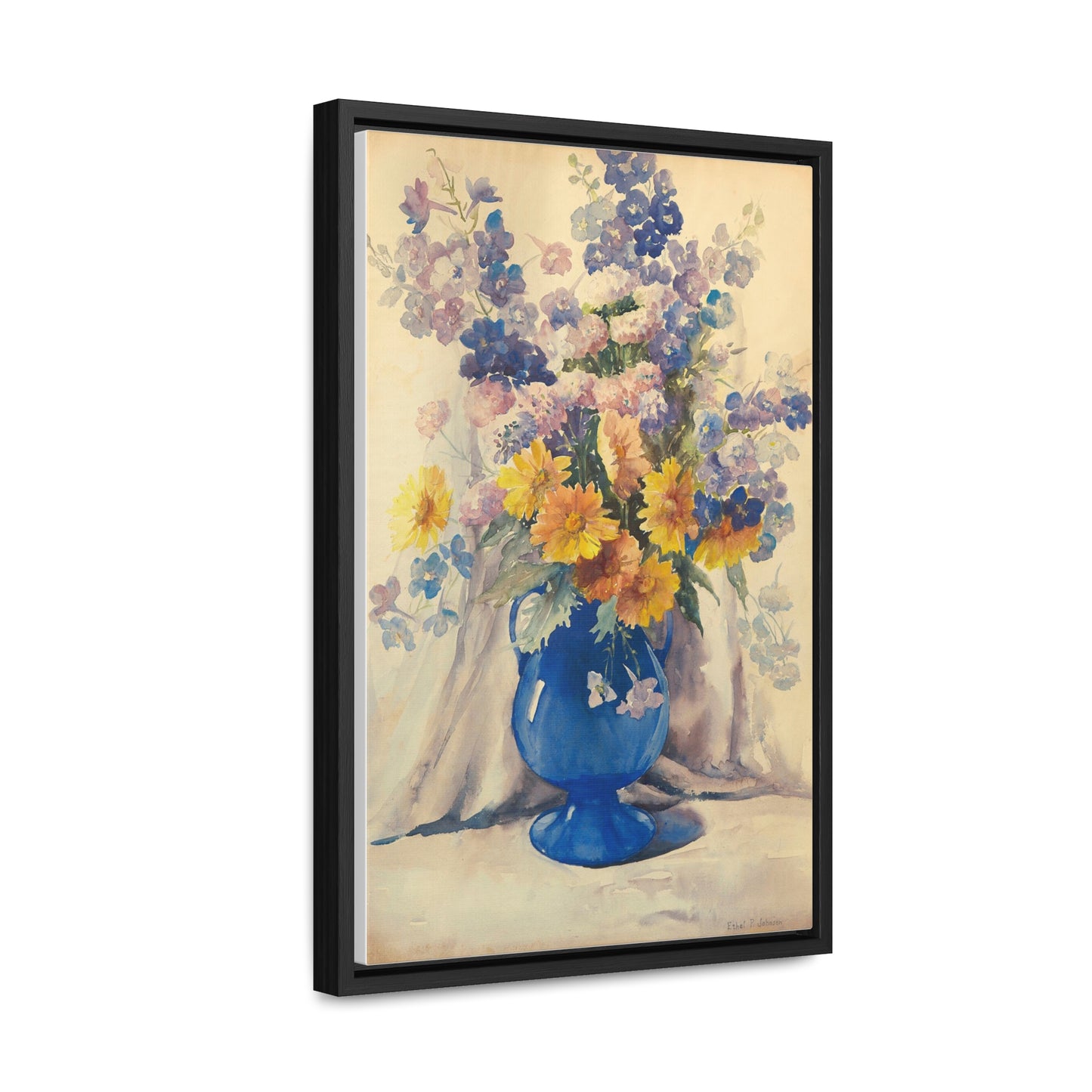 Canvas Wrap, Blue and Yellow Summer Bouquet Watercolor, Vertical Frame Art Print for a Fun Gift, Wall Decor, Home Decoration, All Ocasions