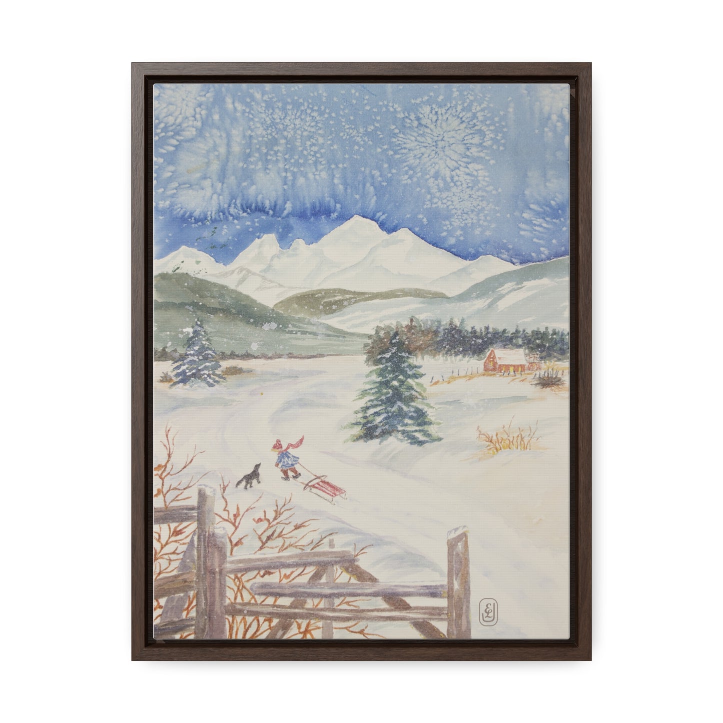Canvas Wraps, Snowy Day Watercolor Vertical Frame Art Print for Winter Fun Gift, Child Sledding Wall Decor, Home Decoration, Christmas