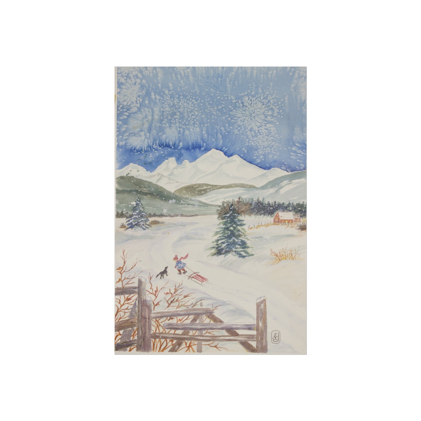 Poster Watercolor Painting Snowy Day Child Sledding