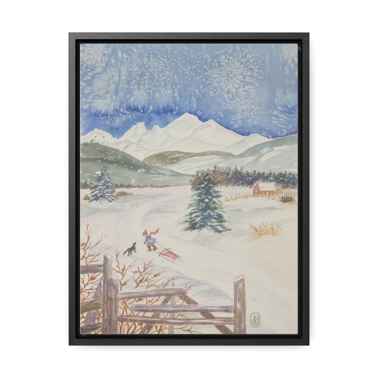 Canvas Wraps, Snowy Day Watercolor Vertical Frame Art Print for Winter Fun Gift, Child Sledding Wall Decor, Home Decoration, Christmas