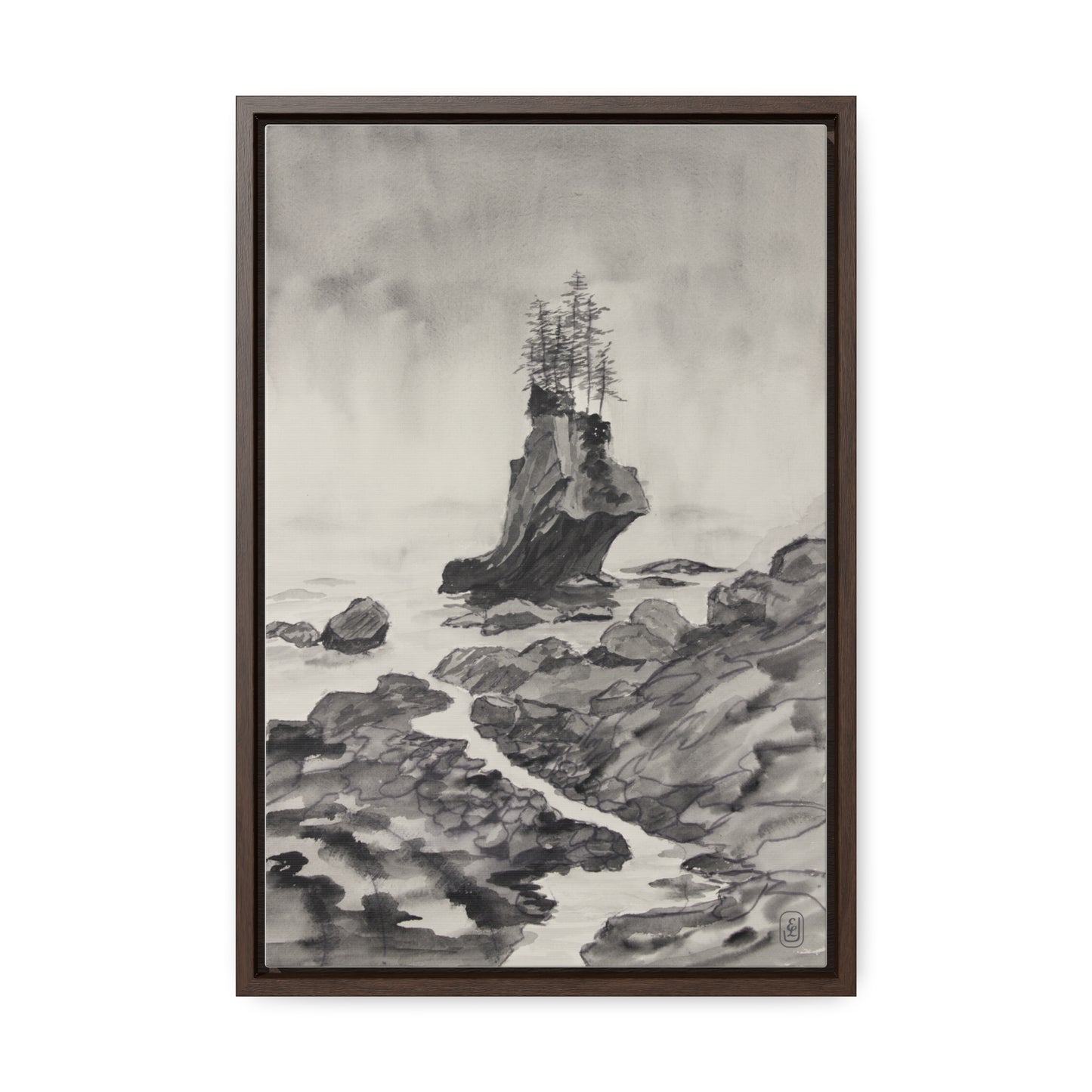 Canvas Wrap, Black and White Rocky Beach Watercolor, Vertical Frame Art Print for a Fun Gift, Wall Decor, Home Decoration, All Ocasions.
