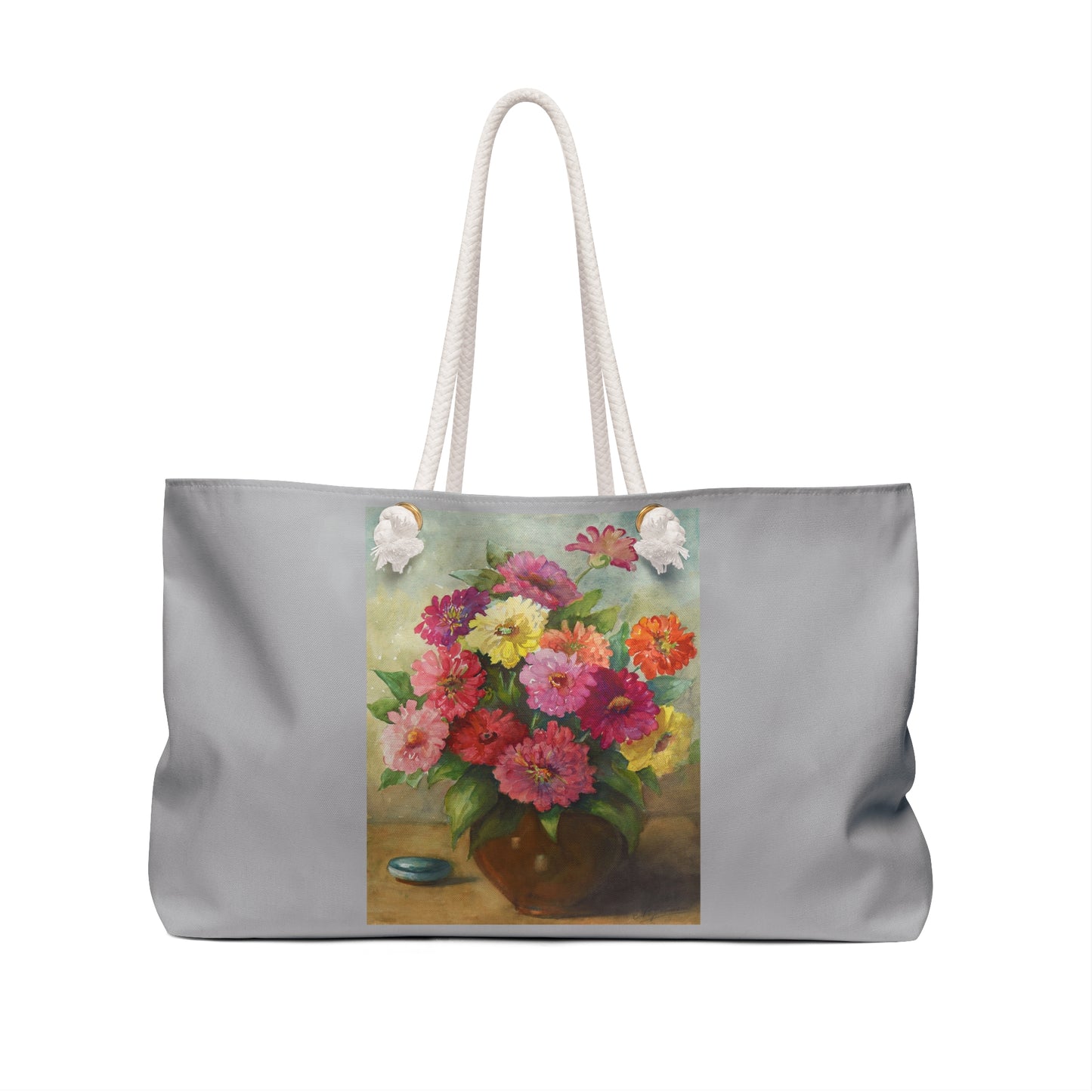 Dahlias Tote Bag - Fun and Unique Red and Yellow Still Life Painting - Weekender Bag for Picnics, get-a-ways, Great Gifts.