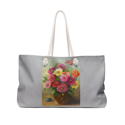 Dahlias Tote Bag - Fun and Unique Red and Yellow Still Life Painting - Weekender Bag for Picnics, get-a-ways, Great Gifts.