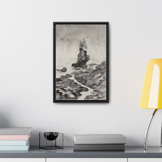 Canvas Wrap, Black and White Rocky Beach Watercolor, Vertical Frame Art Print for a Fun Gift, Wall Decor, Home Decoration, All Ocasions.