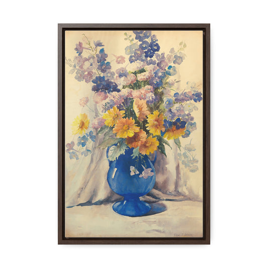 Canvas Wrap, Blue and Yellow Summer Bouquet Watercolor, Vertical Frame Art Print for a Fun Gift, Wall Decor, Home Decoration, All Ocasions