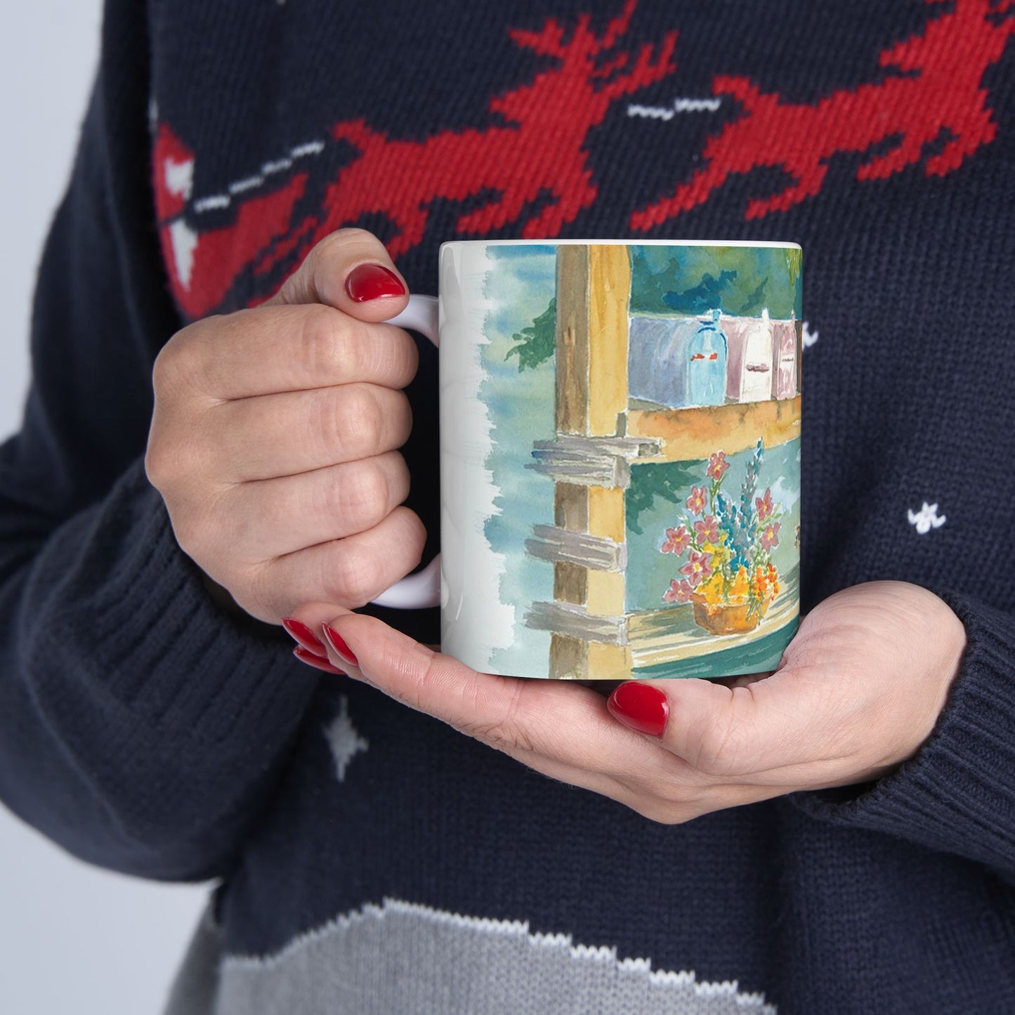 Hand-Painted Ceramic Mug with Floral Mailbox Design – Perfect Gift for Garden Lovers