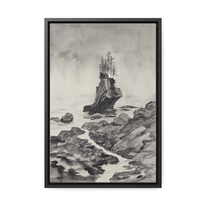 Canvas Wrap, Black and White Rocky Beach Watercolor, Vertical Frame Art Print for a Fun Gift, Wall Decor, Home Decoration, All Ocasions.