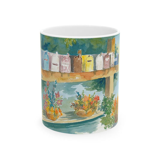 Hand-Painted Ceramic Mug with Floral Mailbox Design – Perfect Gift for Garden Lovers