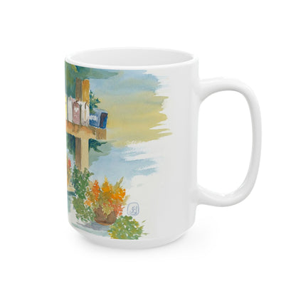 Hand-Painted Ceramic Mug with Floral Mailbox Design – Perfect Gift for Garden Lovers