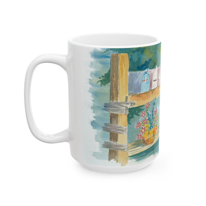 Hand-Painted Ceramic Mug with Floral Mailbox Design – Perfect Gift for Garden Lovers