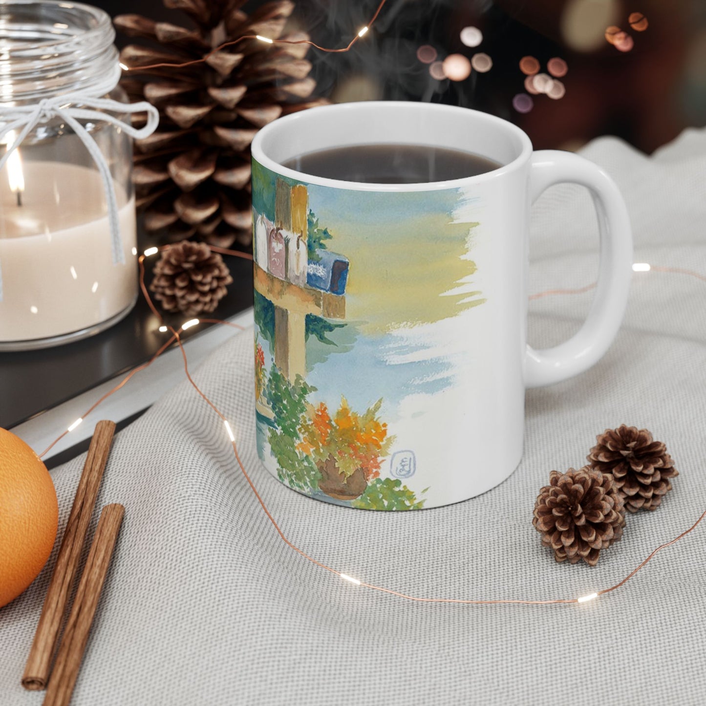 Hand-Painted Ceramic Mug with Floral Mailbox Design – Perfect Gift for Garden Lovers