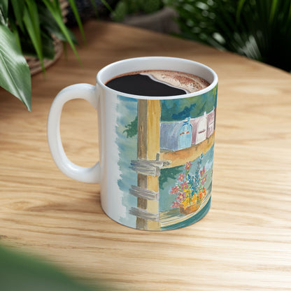 Hand-Painted Ceramic Mug with Floral Mailbox Design – Perfect Gift for Garden Lovers