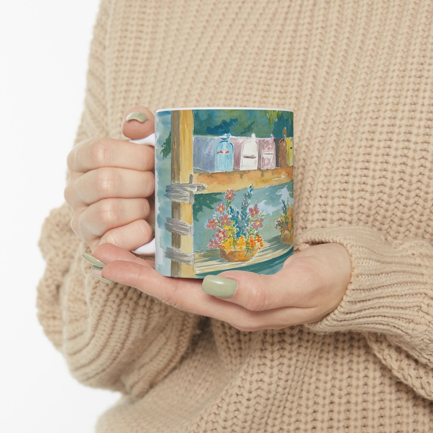 Hand-Painted Ceramic Mug with Floral Mailbox Design – Perfect Gift for Garden Lovers