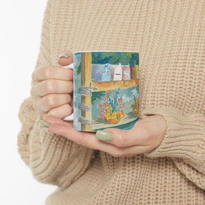 Hand-Painted Ceramic Mug with Floral Mailbox Design – Perfect Gift for Garden Lovers