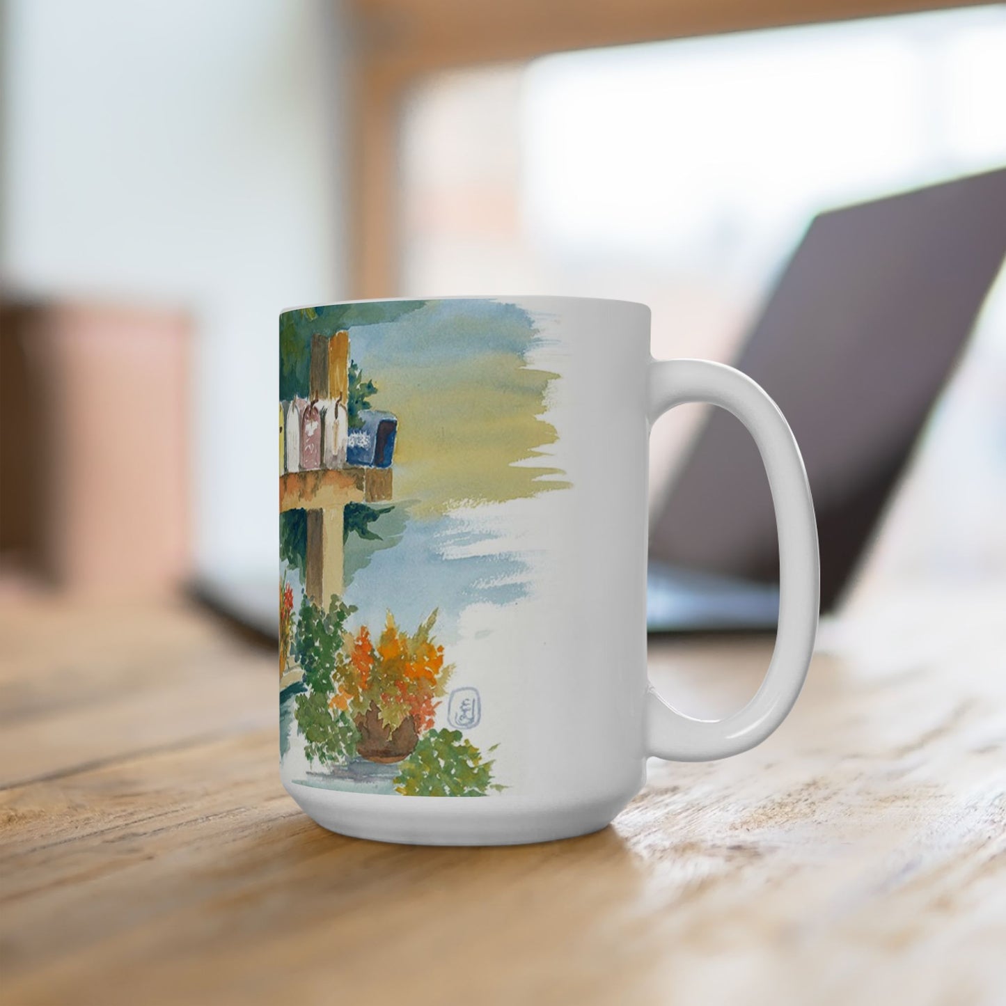 Hand-Painted Ceramic Mug with Floral Mailbox Design – Perfect Gift for Garden Lovers