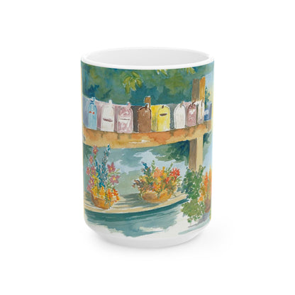 Hand-Painted Ceramic Mug with Floral Mailbox Design – Perfect Gift for Garden Lovers