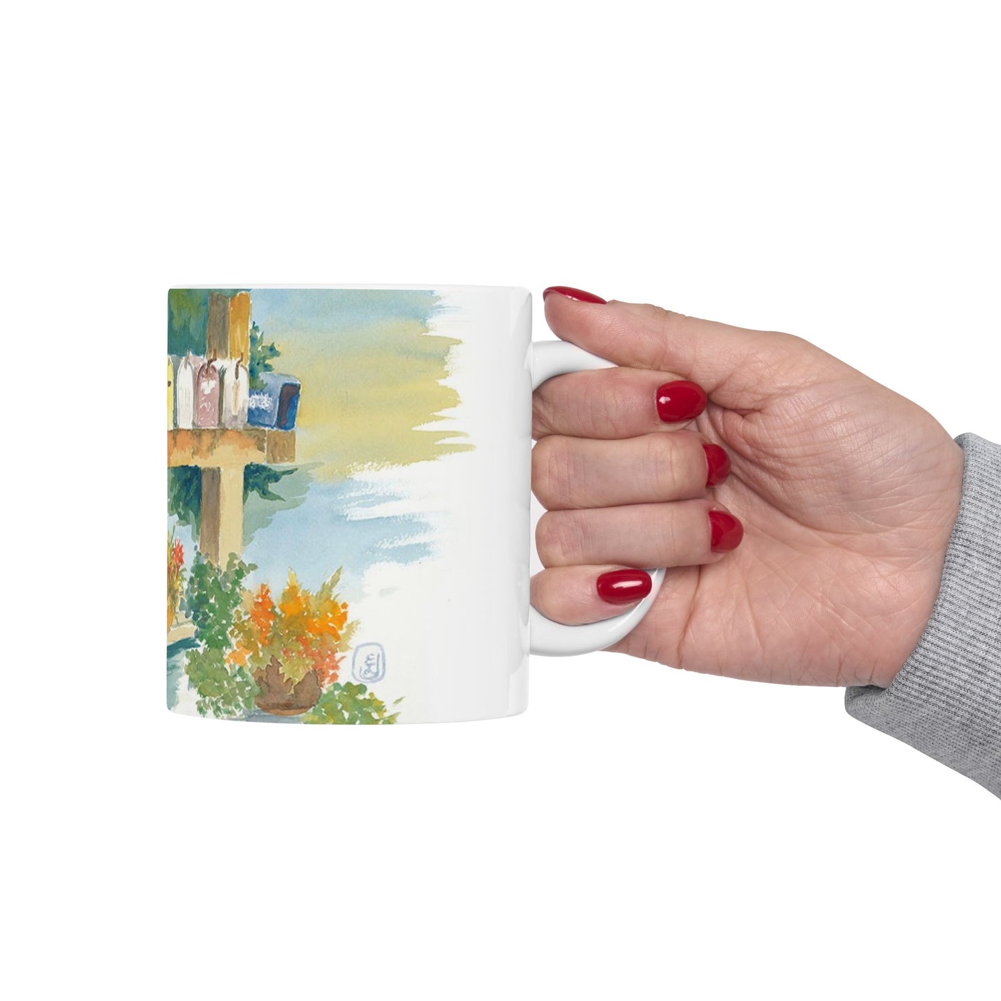 Hand-Painted Ceramic Mug with Floral Mailbox Design – Perfect Gift for Garden Lovers