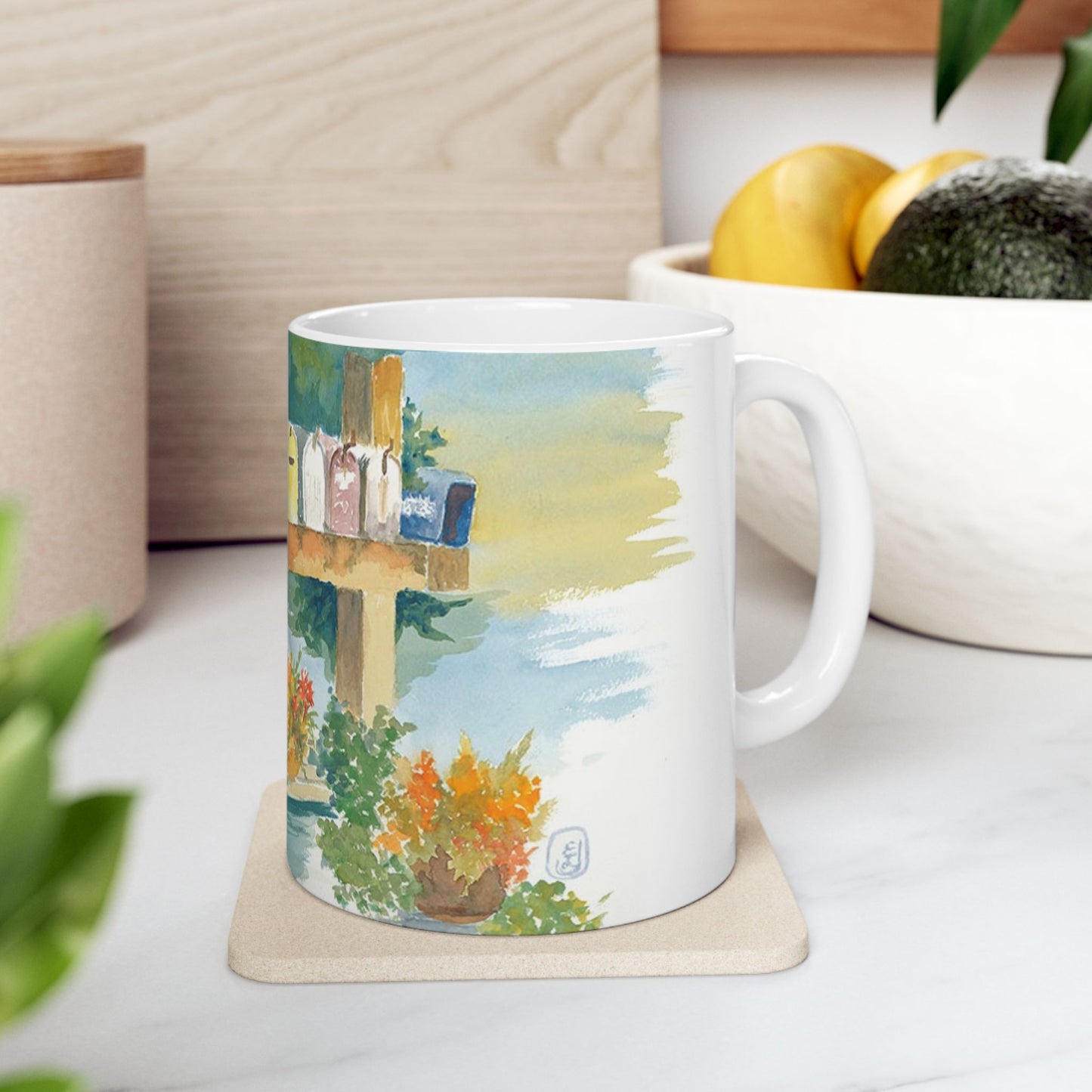 Hand-Painted Ceramic Mug with Floral Mailbox Design – Perfect Gift for Garden Lovers