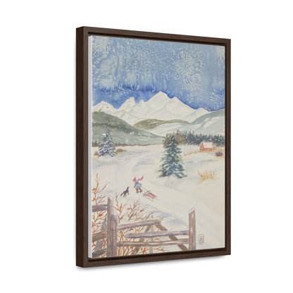 Canvas Wraps, Snowy Day Watercolor Vertical Frame Art Print for Winter Fun Gift, Child Sledding Wall Decor, Home Decoration, Christmas