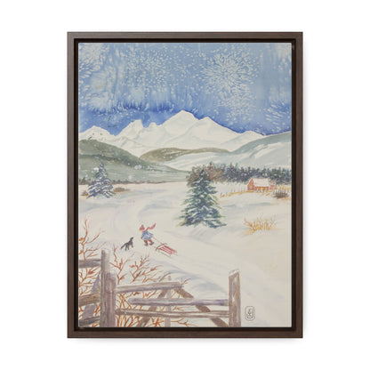 Canvas Wraps, Snowy Day Watercolor Vertical Frame Art Print for Winter Fun Gift, Child Sledding Wall Decor, Home Decoration, Christmas