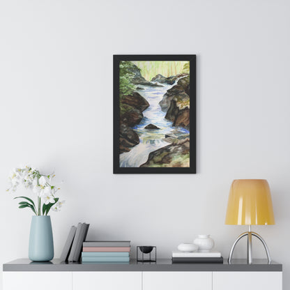 Tranquil Nature Framed Vertical Poster, Waterfall Artwork, Home Decor, Gift for Nature Lovers, Serene Wall Art